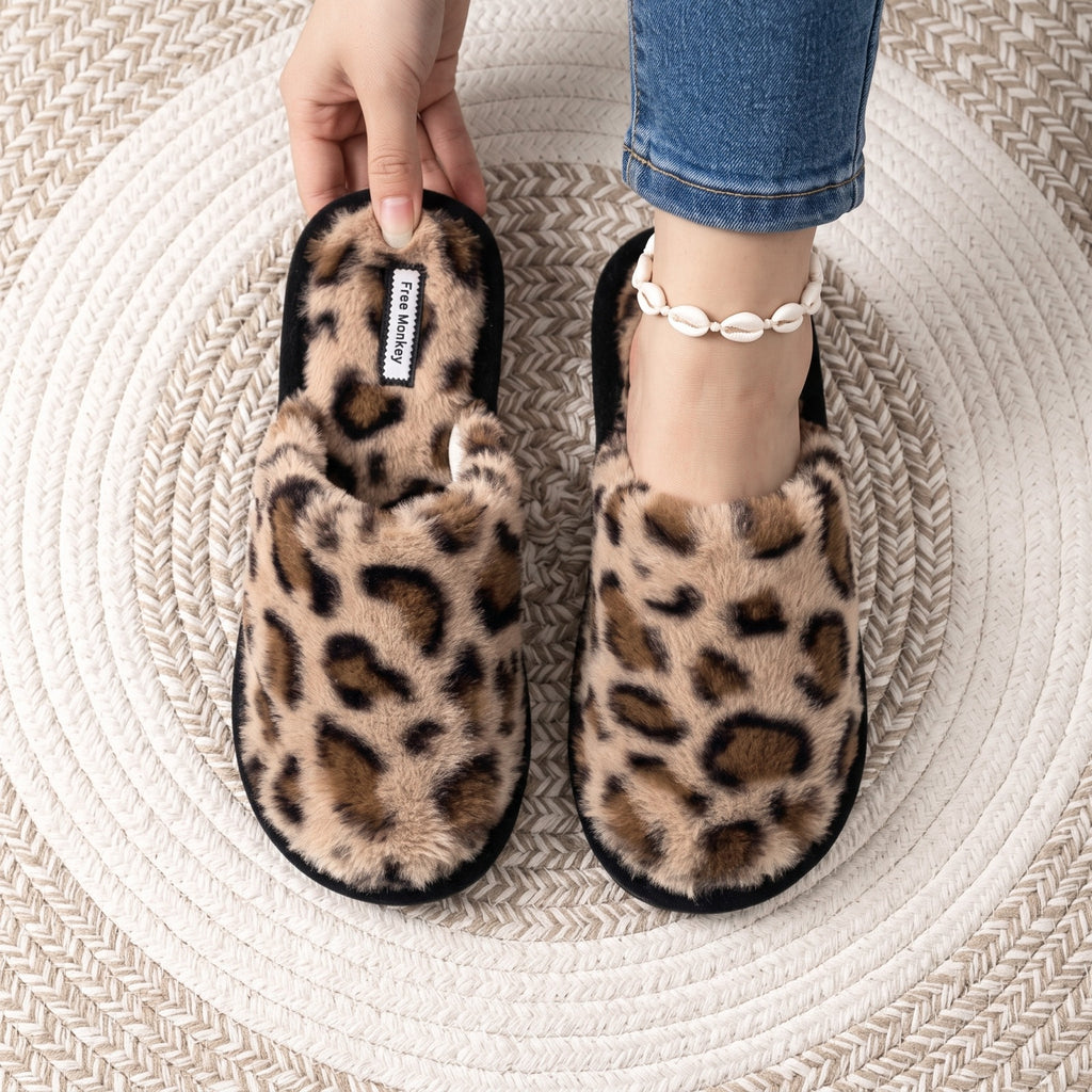 Womens  Leopard Print Faux Fur Slippers