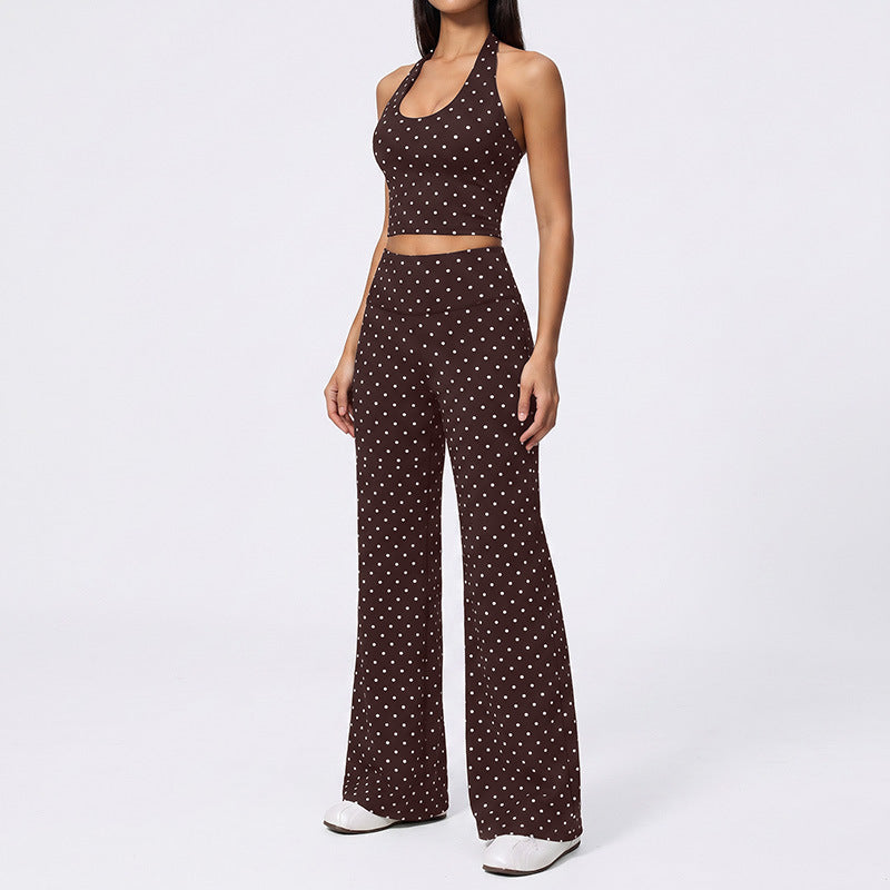 Women Polka Dot 2 Piece Set Halter Crop Top Drawstring Wide Leg Pants