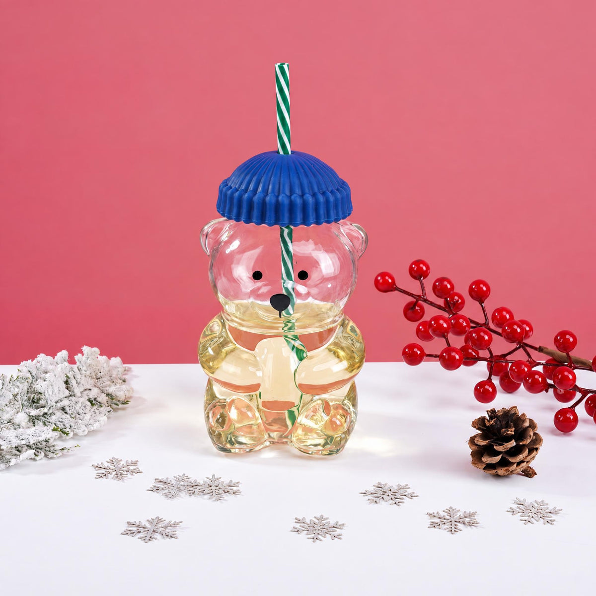 Cute Bear Shaped Glass Cup with Green Hat Lid And Straw