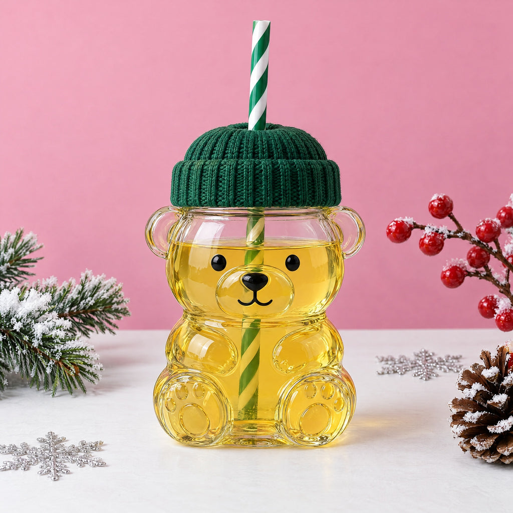 Cute Bear Shaped Glass Cup with Green Hat Lid And Straw