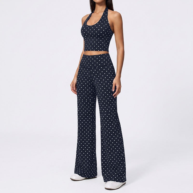 Women Polka Dot 2 Piece Set Halter Crop Top Drawstring Wide Leg Pants