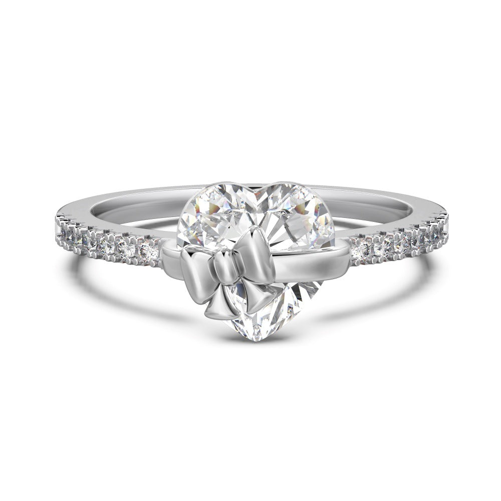 925 Sterling Silver Delicate Heart Bow Tie Design Sweet Luxury Shining Ring Romantic Engagement Ring for Women Jewelry Gift