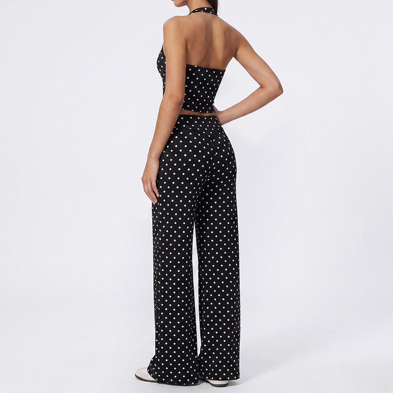 Women Polka Dot 2 Piece Set Halter Crop Top Drawstring Wide Leg Pants