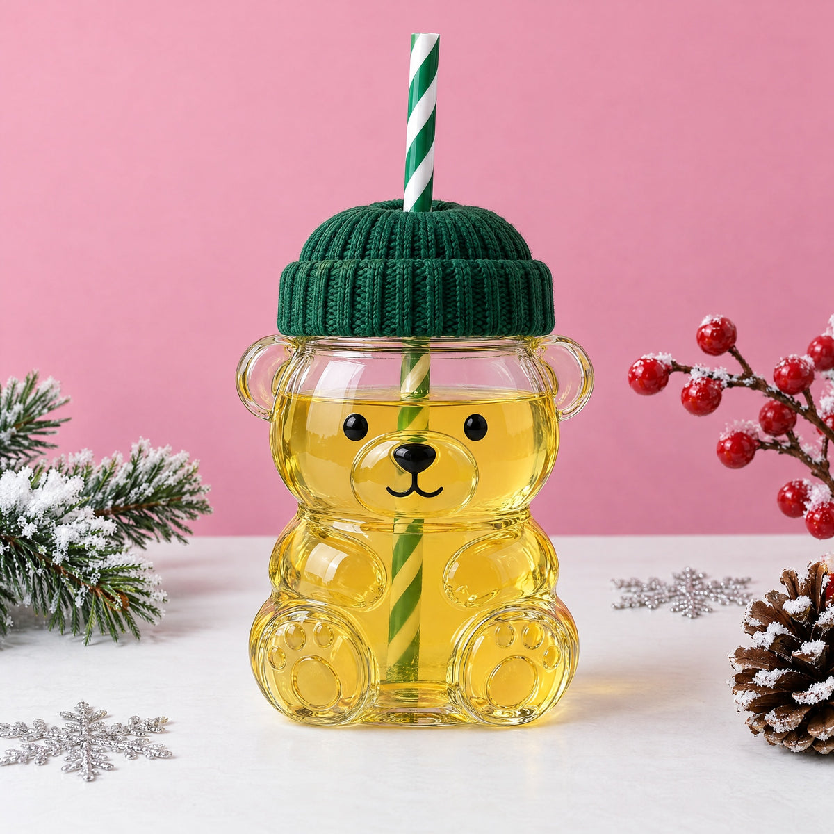 Cute Bear Shaped Glass Cup with Green Hat Lid And Straw
