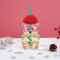 Cute Bear Shaped Glass Cup with Green Hat Lid And Straw