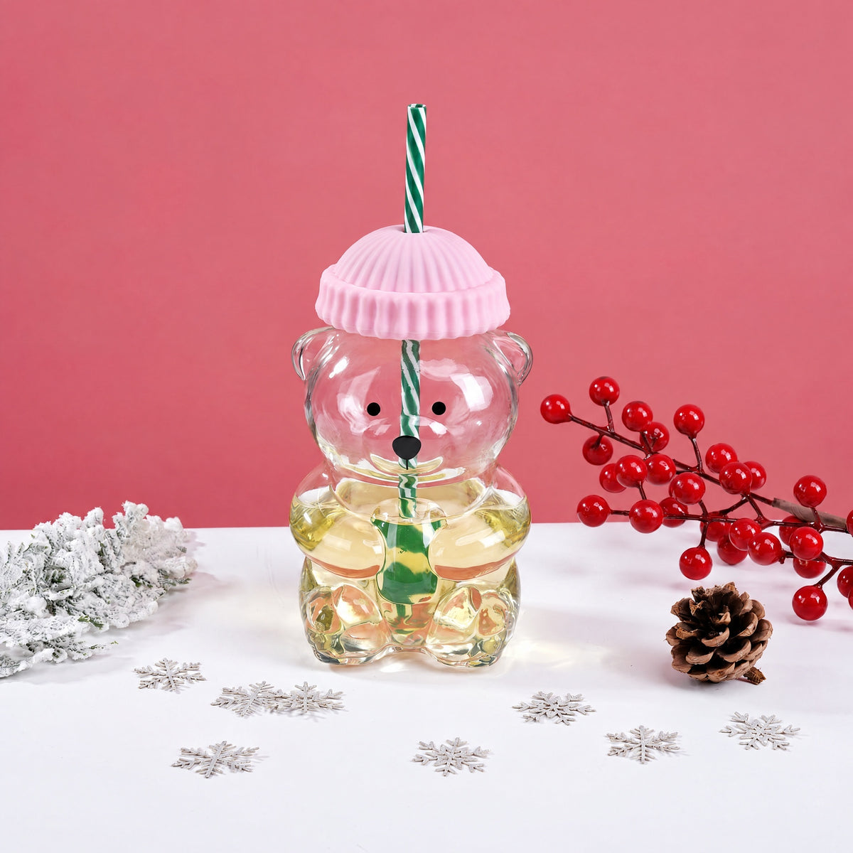 Cute Bear Shaped Glass Cup with Green Hat Lid And Straw