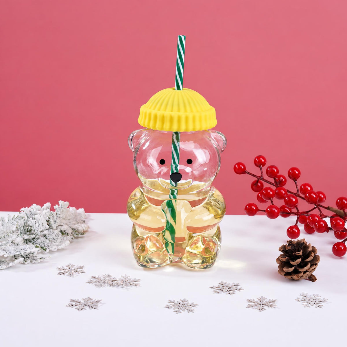 Cute Bear Shaped Glass Cup with Green Hat Lid And Straw