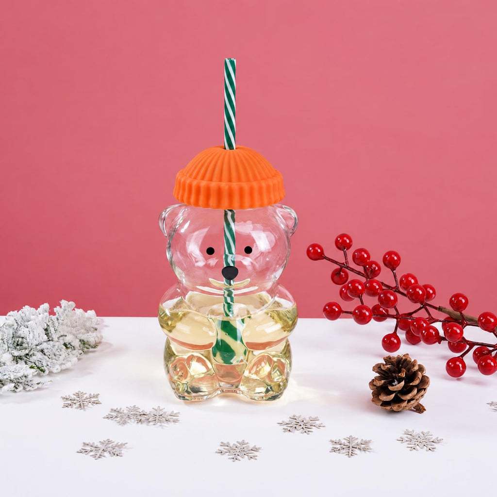 Cute Bear Shaped Glass Cup with Green Hat Lid And Straw