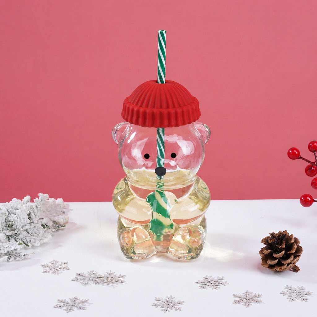 Cute Bear Shaped Glass Cup with Green Hat Lid And Straw