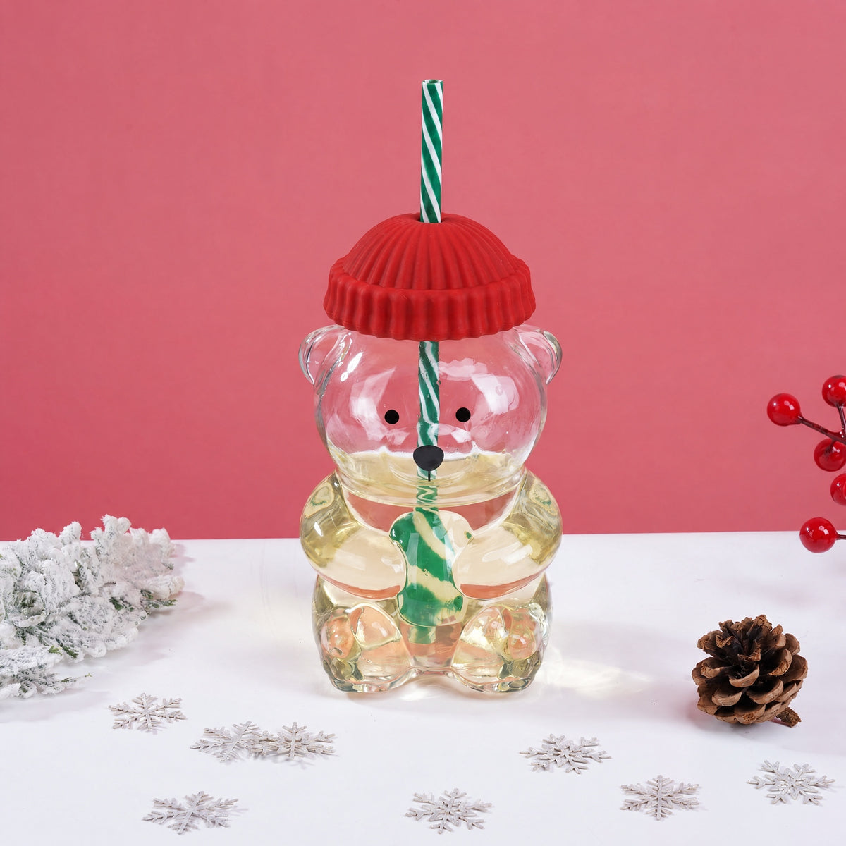 Cute Bear Shaped Glass Cup with Green Hat Lid And Straw