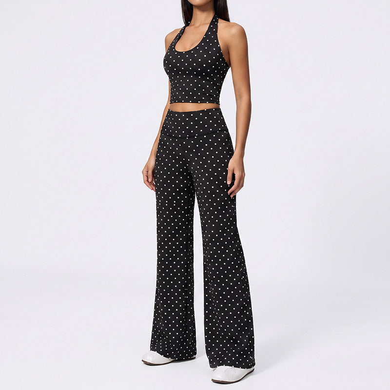 Women Polka Dot 2 Piece Set Halter Crop Top Drawstring Wide Leg Pants