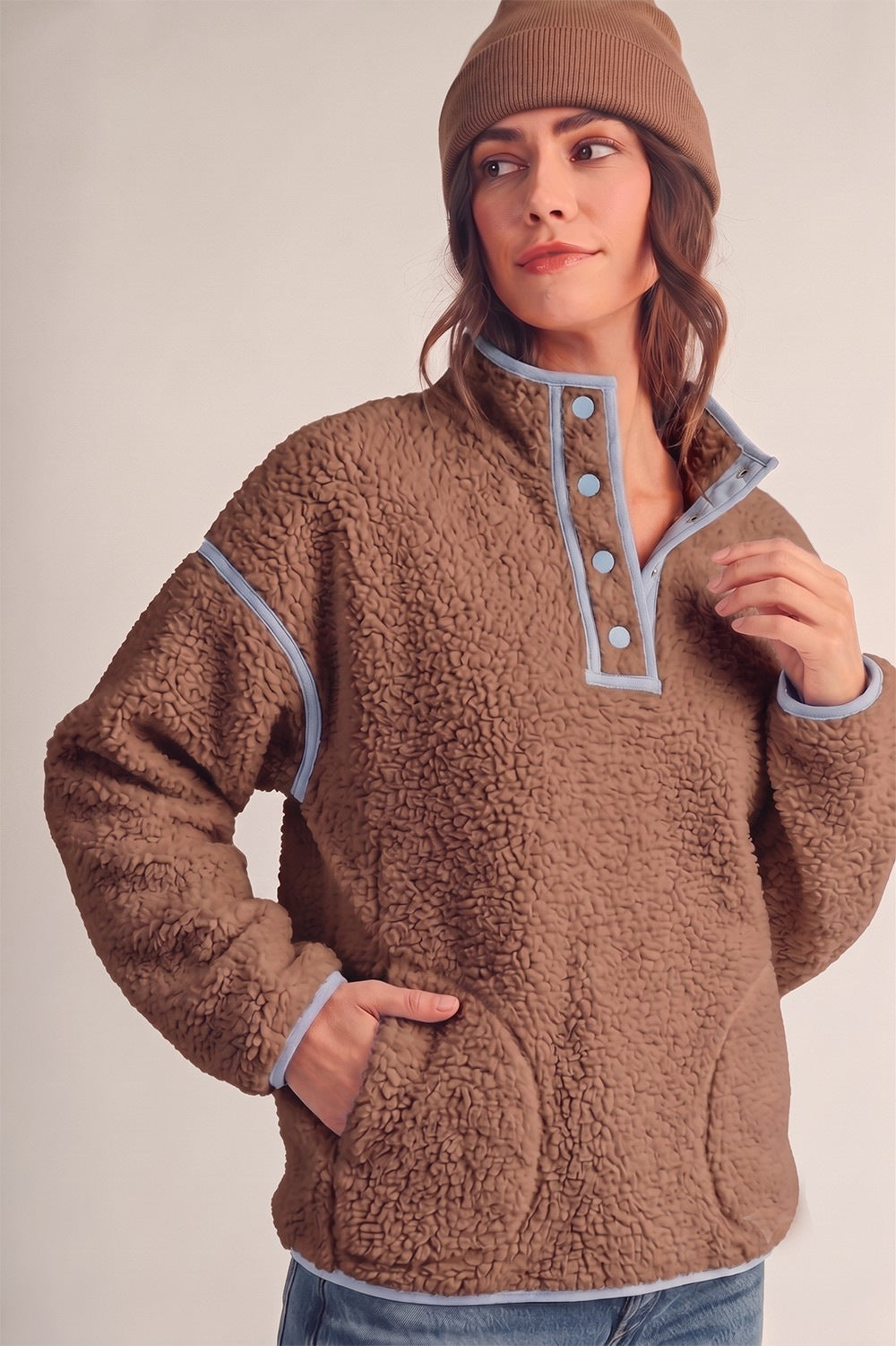 Women Half Zip Sherpa Fleece Pullover Sweatshirt
