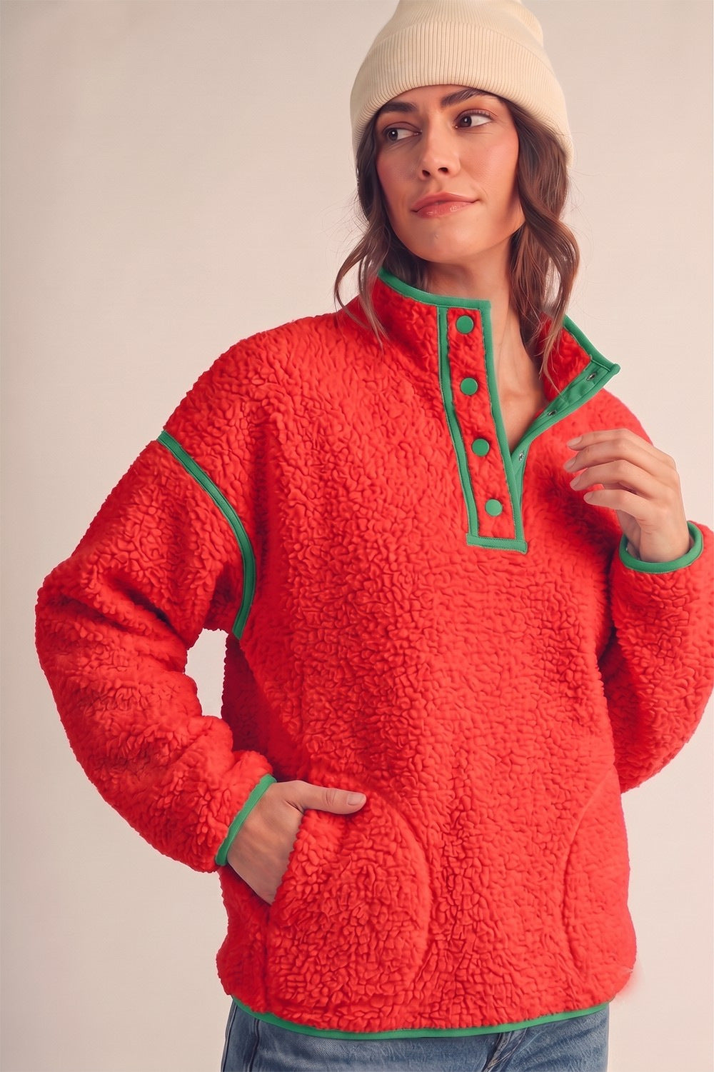 Women Half Zip Sherpa Fleece Pullover Sweatshirt