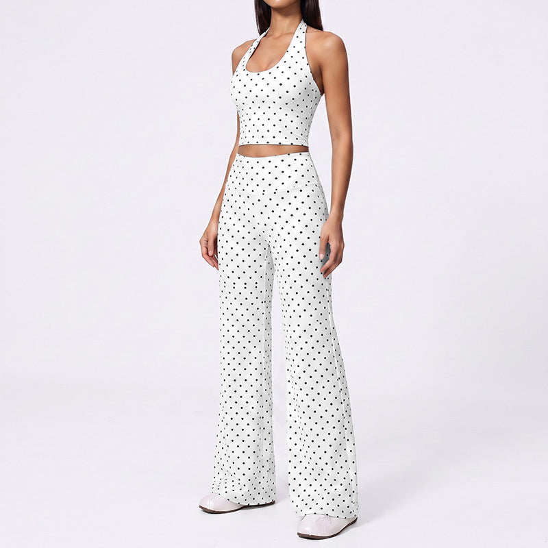 Women Polka Dot 2 Piece Set Halter Crop Top Drawstring Wide Leg Pants
