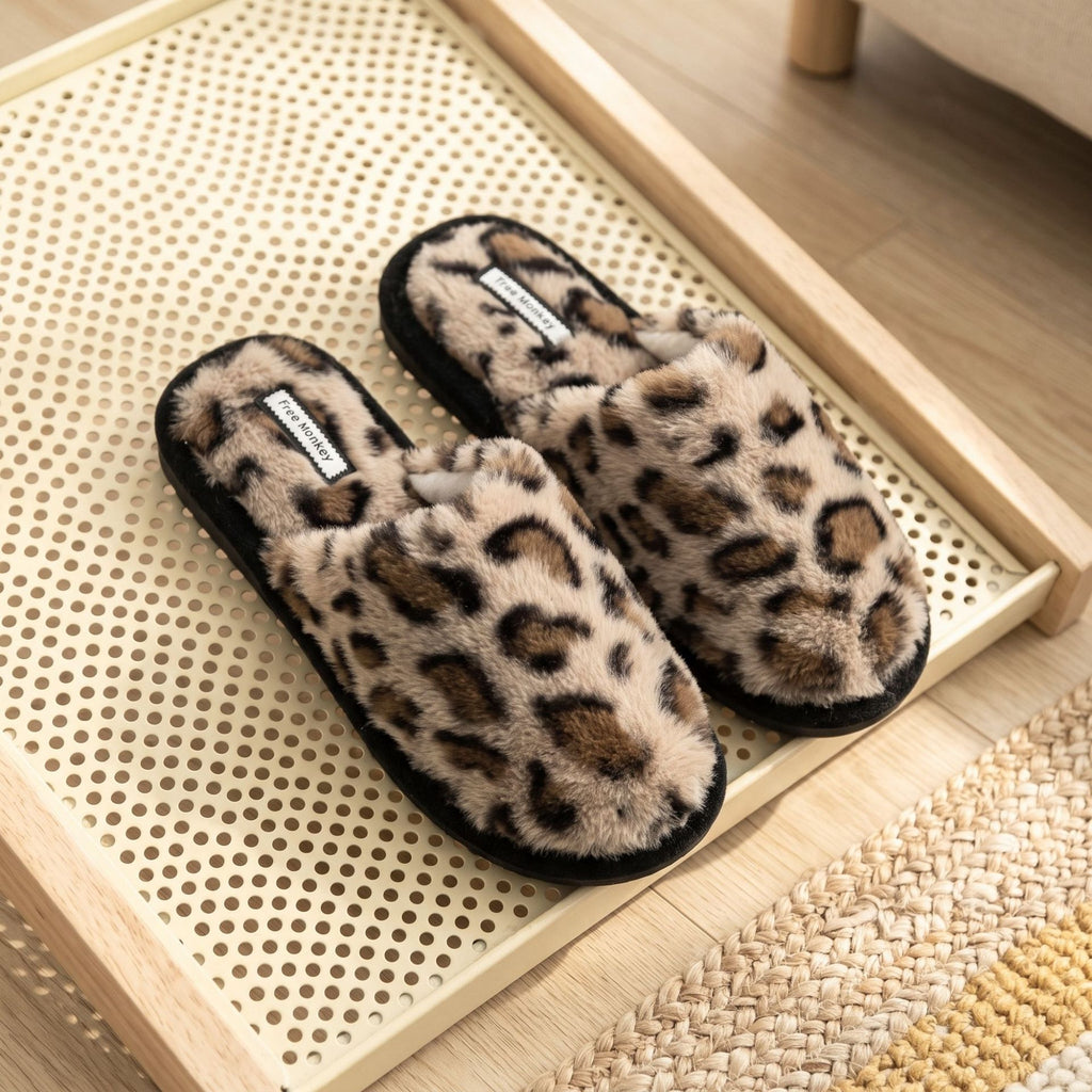 Womens  Leopard Print Faux Fur Slippers