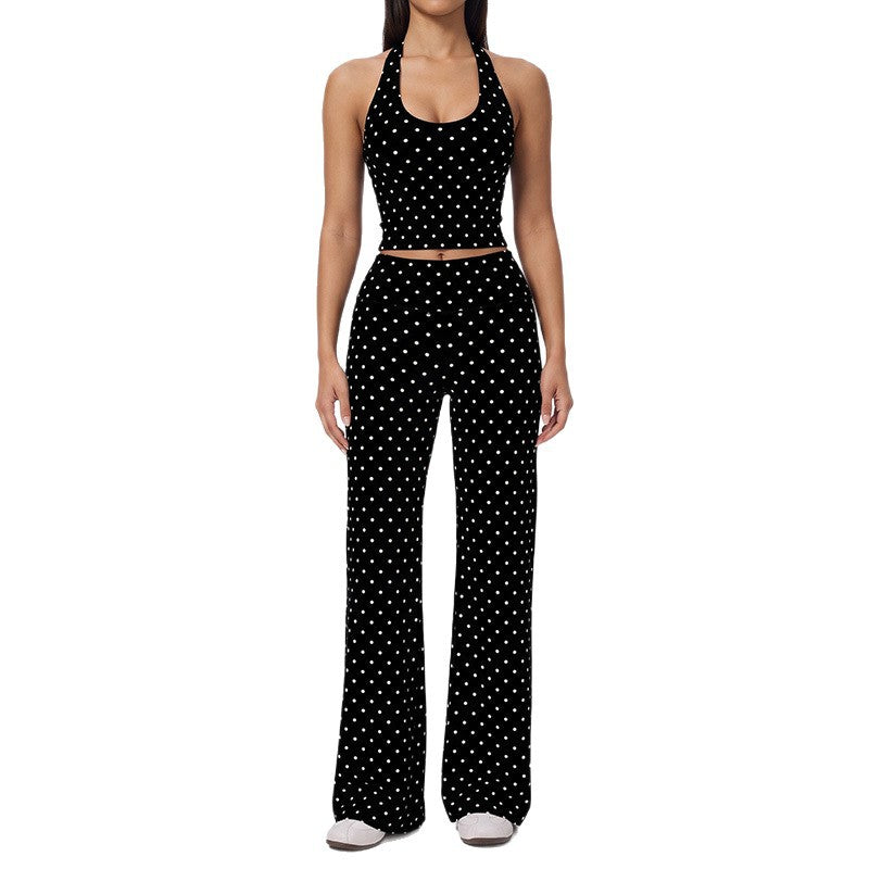 Women Polka Dot 2 Piece Set Halter Crop Top Drawstring Wide Leg Pants