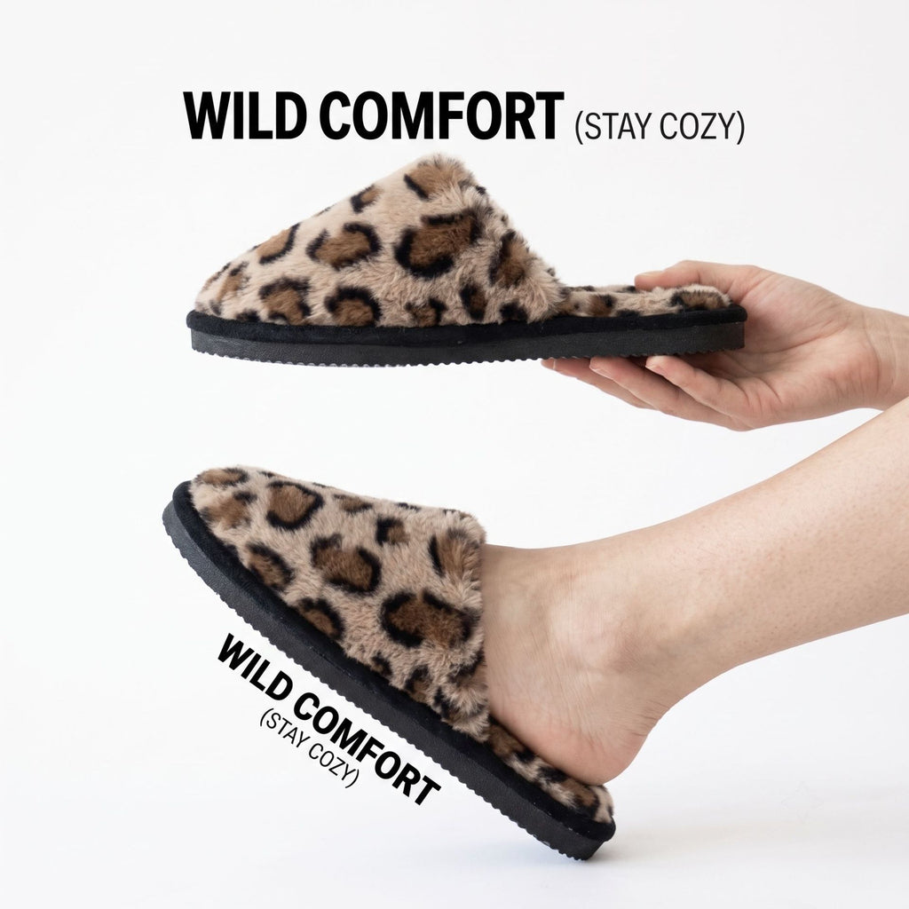 Womens  Leopard Print Faux Fur Slippers